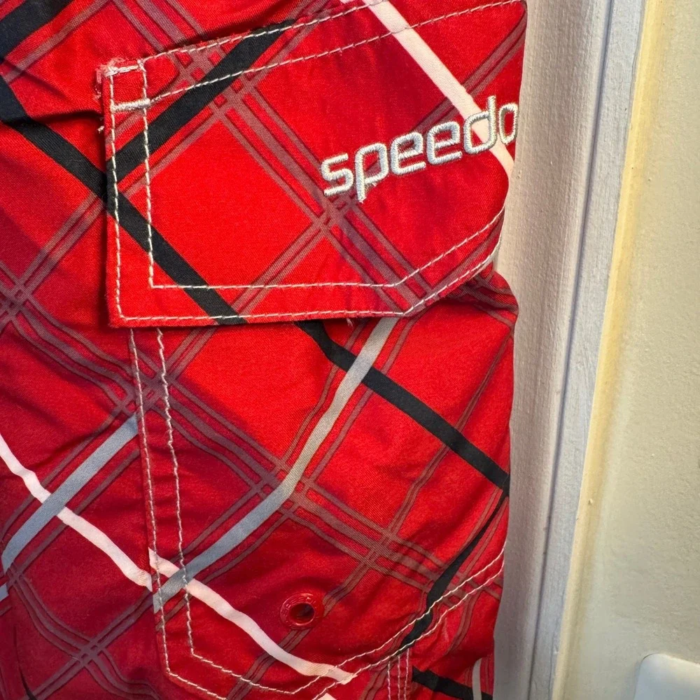 Speedo‎ Board Shorts Men Large Red Plaid Swim Trunks Cargo Pocket Mesh Lined